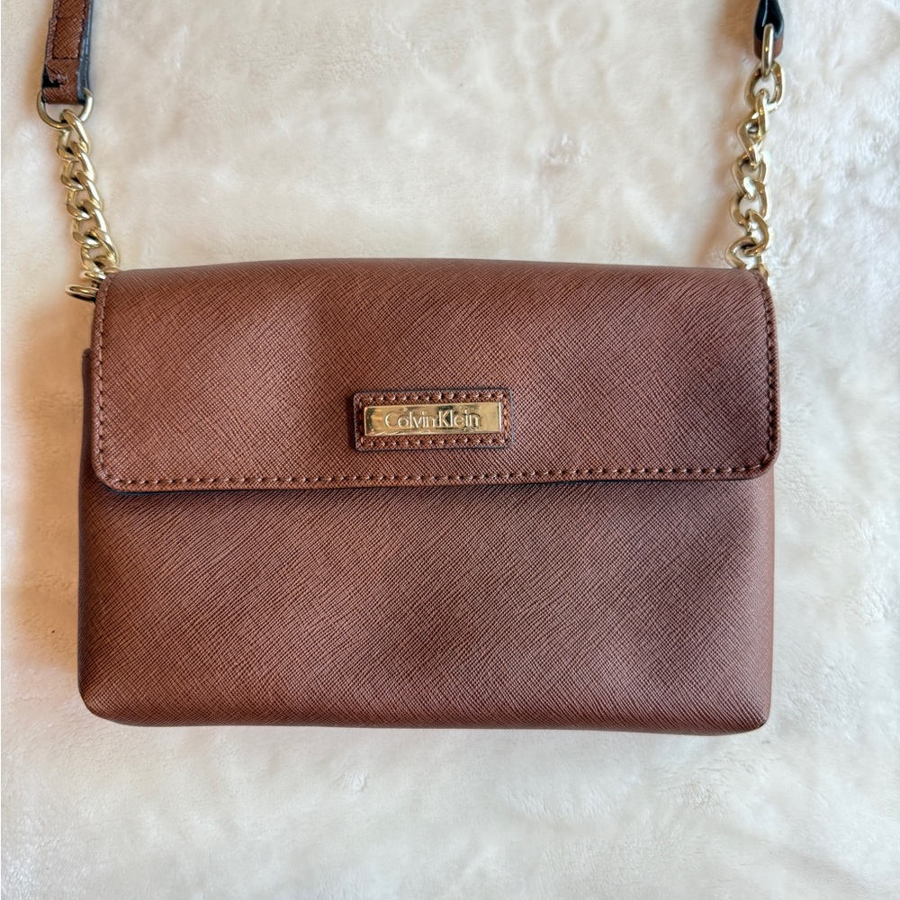 Calvin Klein Tan Crossbody Bag with Gold Accents